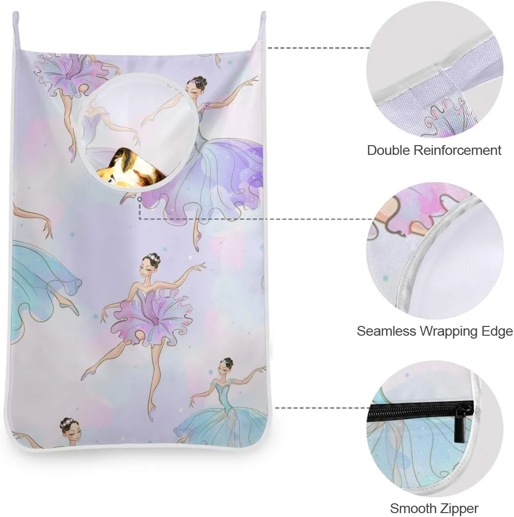 Ballerina Girls Hanging Laundry Bag Purple Door Hanging Laundry Hamper with Stainless Steel Hooks Wall Laundry Nook with Adhesive Hooks 1 PC