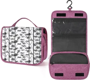 Bamboo Print,Toiletry Bag Travel Bag with Hanging Hook,Trees Pattern Flora Garden,Water-resistant Makeup Cosmetic Bag Travel Organizer for Accessories,Full-size Container,Black White