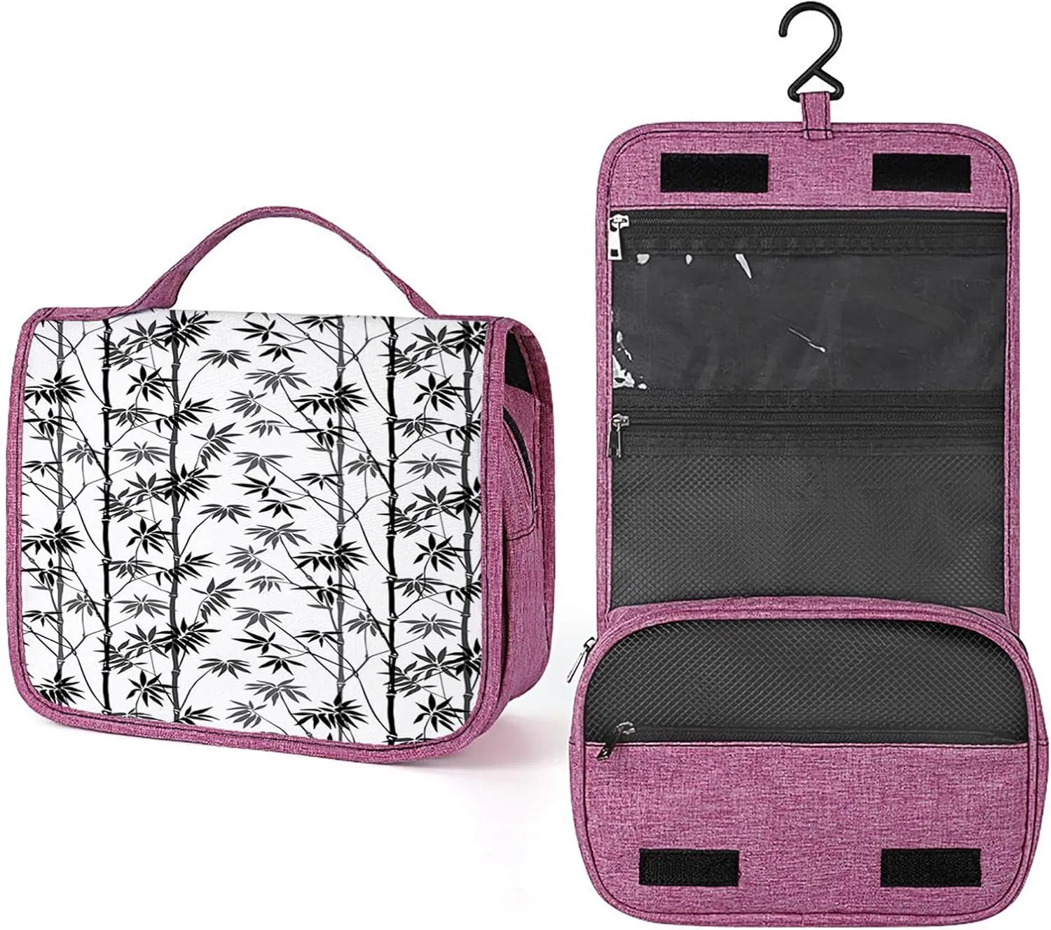 Bamboo Print,Toiletry Bag Travel Bag with Hanging Hook,Trees Pattern Flora Garden,Water-resistant Makeup Cosmetic Bag Travel Organizer for Accessories,Full-size Container,Black White
