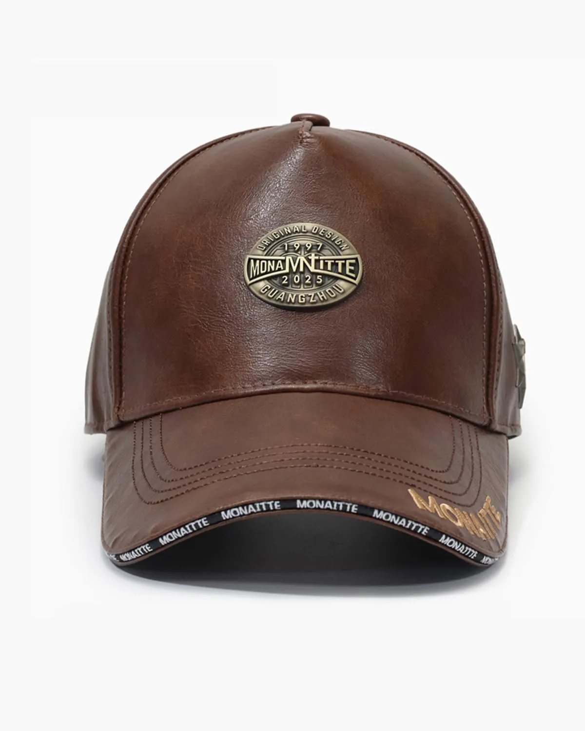 Baseball Cap, Faux Leather, Black, Classic High Crown Hat, Metal Logo
