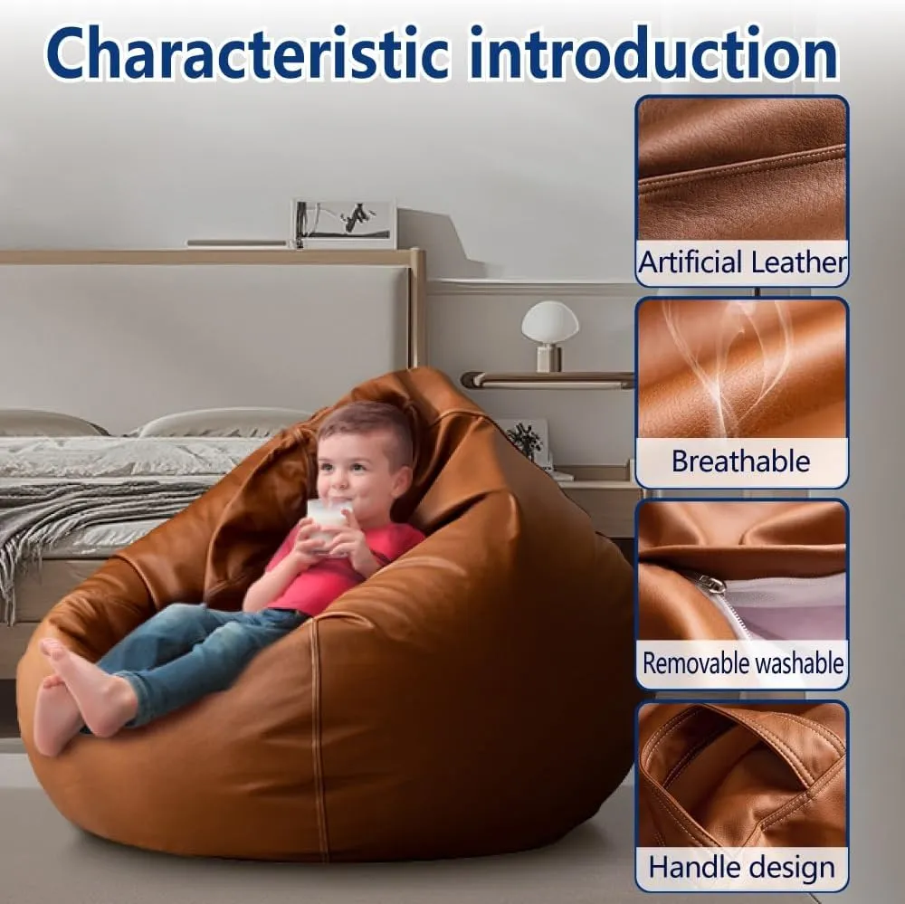 Bean Bag Chair Bean Bag Cover Without Filler Luxury Single Lazy Sofa Cover Faux Leather Bean Bag Sac Pouf Chair Envelope Beanbag Corner Seat Sectional Couch(Orange)