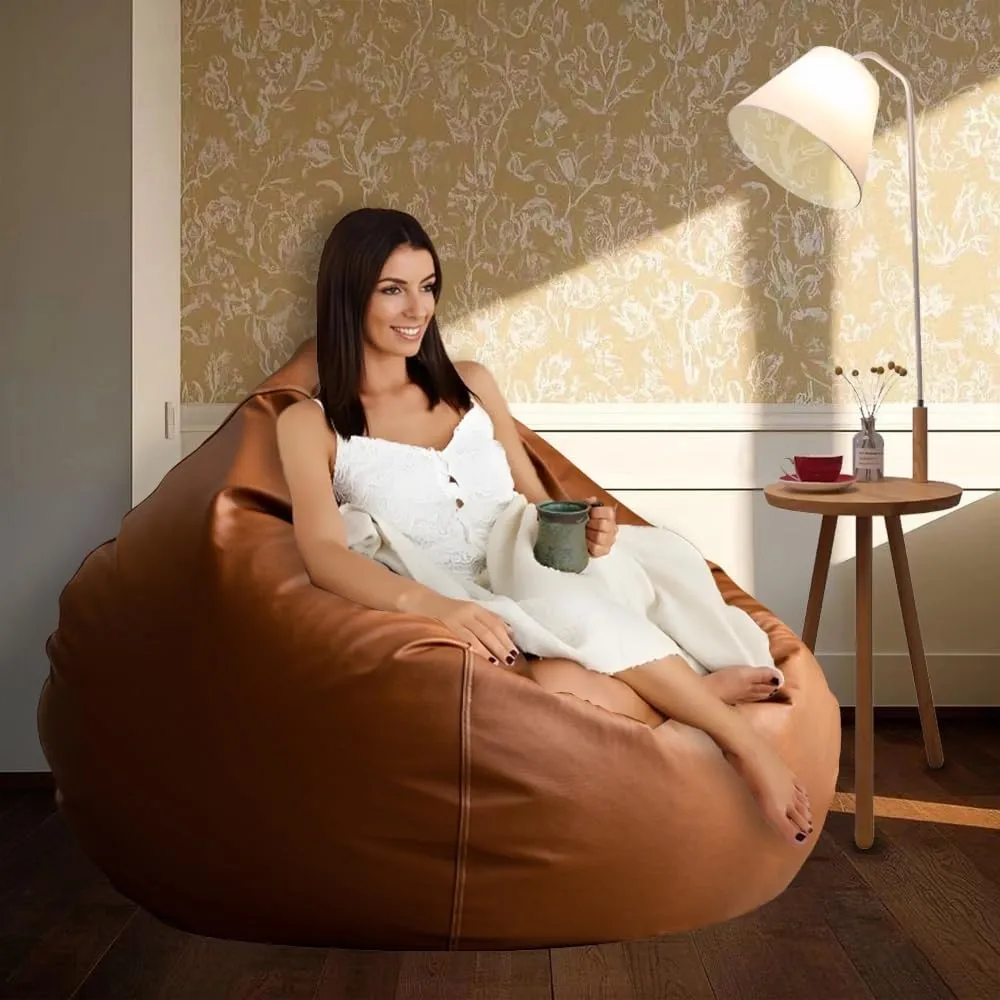 Bean Bag Chair Bean Bag Cover Without Filler Luxury Single Lazy Sofa Cover Faux Leather Bean Bag Sac Pouf Chair Envelope Beanbag Corner Seat Sectional Couch(Orange)