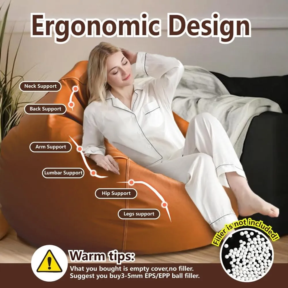 Bean Bag Chair Bean Bag Cover Without Filler Luxury Single Lazy Sofa Cover Faux Leather Bean Bag Sac Pouf Chair Envelope Beanbag Corner Seat Sectional Couch(Orange)