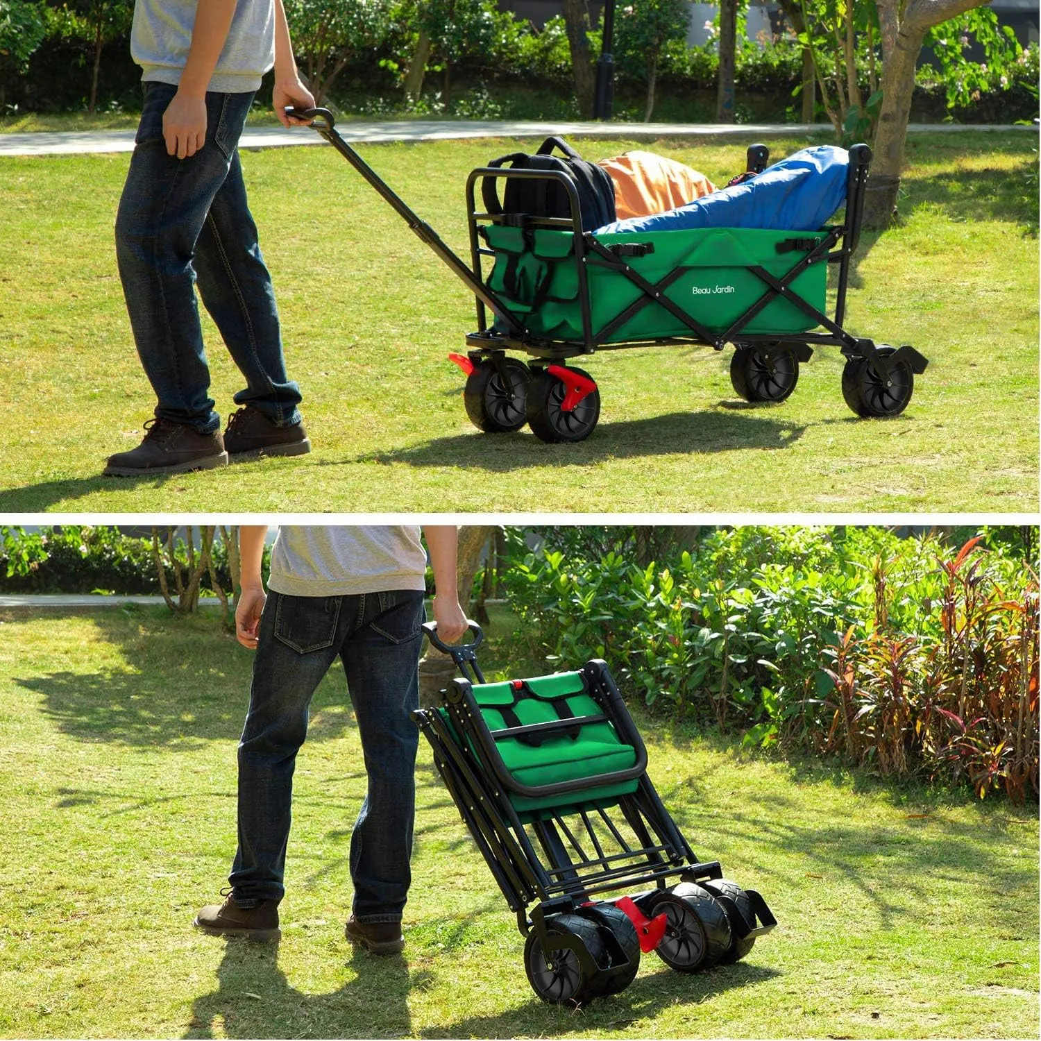 BEAU JARDIN Collapsible Foldable Push Pull Folding Beach Wagon 350lbs Heavy Duty Utility Camping Grocery Garden Sport Shopping Wagon Cart with All Terrain Big Sand Wheels and Brakes Green