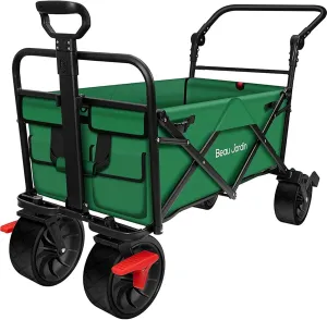 BEAU JARDIN Collapsible Foldable Push Pull Folding Beach Wagon 350lbs Heavy Duty Utility Camping Grocery Garden Sport Shopping Wagon Cart with All Terrain Big Sand Wheels and Brakes Green