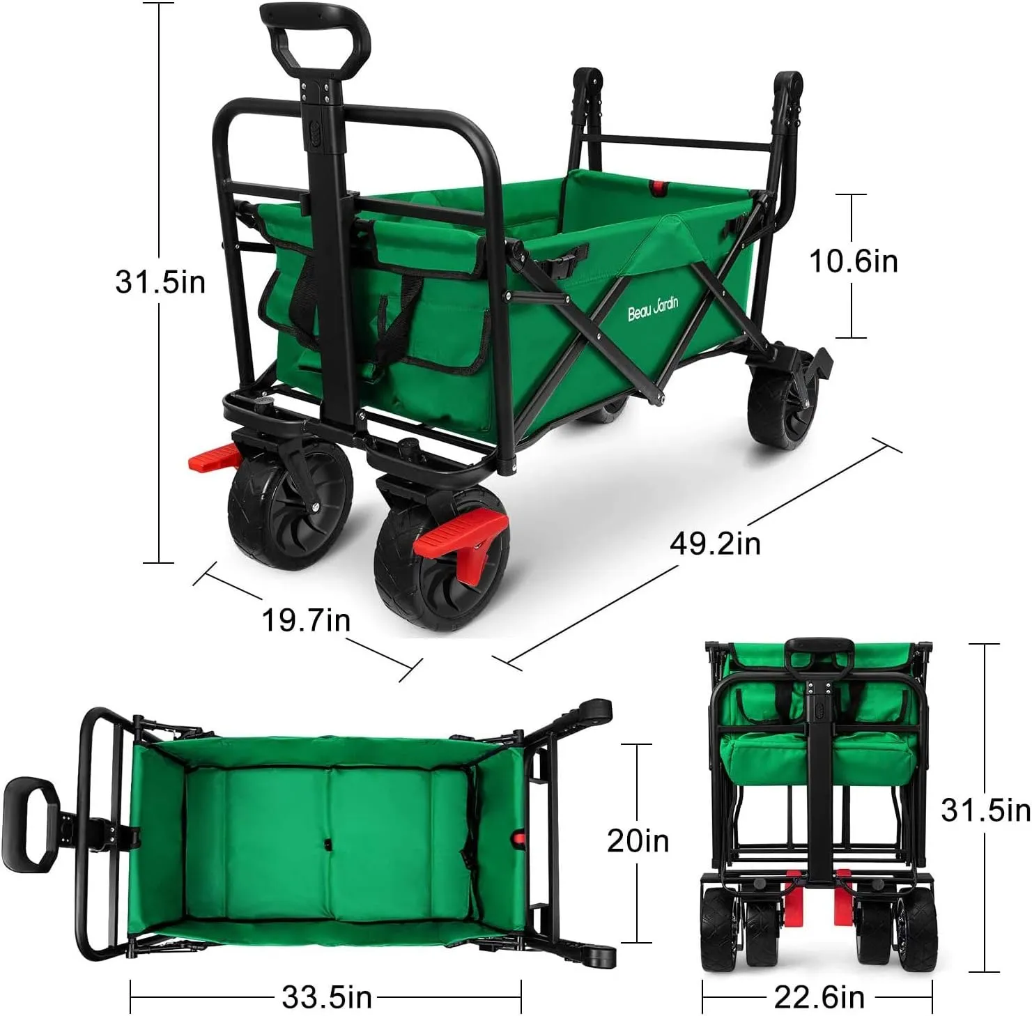 BEAU JARDIN Collapsible Foldable Push Pull Folding Beach Wagon 350lbs Heavy Duty Utility Camping Grocery Garden Sport Shopping Wagon Cart with All Terrain Big Sand Wheels and Brakes Green