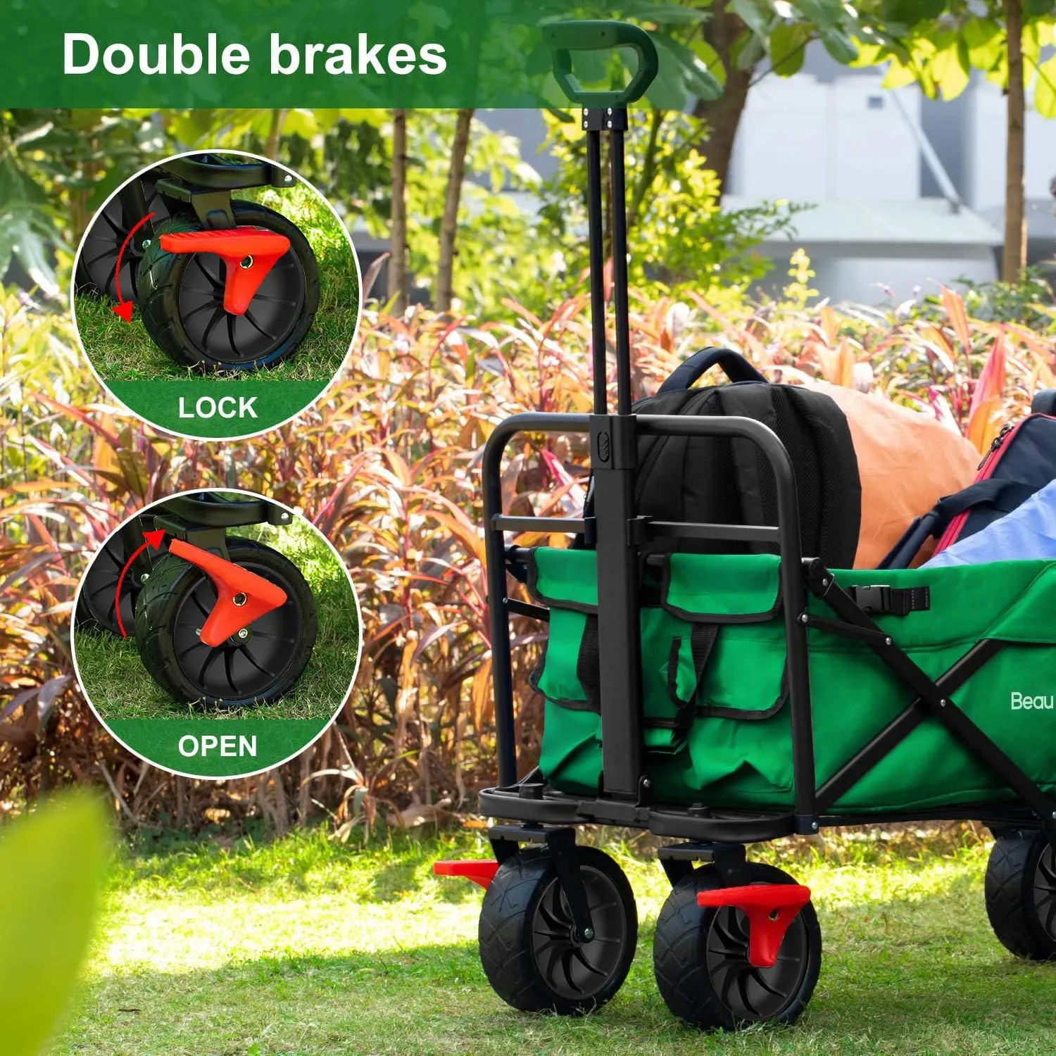 BEAU JARDIN Collapsible Foldable Push Pull Folding Beach Wagon 350lbs Heavy Duty Utility Camping Grocery Garden Sport Shopping Wagon Cart with All Terrain Big Sand Wheels and Brakes Green