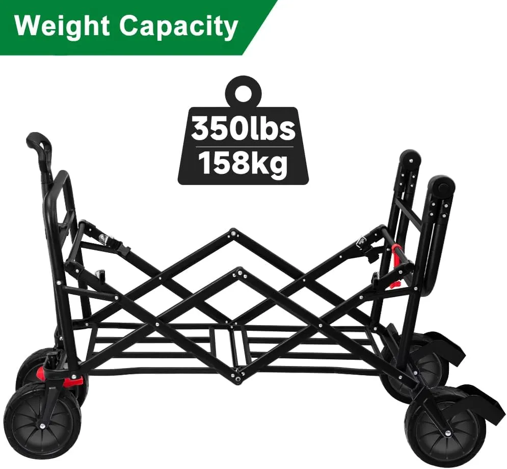 BEAU JARDIN Collapsible Foldable Push Pull Folding Beach Wagon 350lbs Heavy Duty Utility Camping Grocery Garden Sport Shopping Wagon Cart with All Terrain Big Sand Wheels and Brakes Green