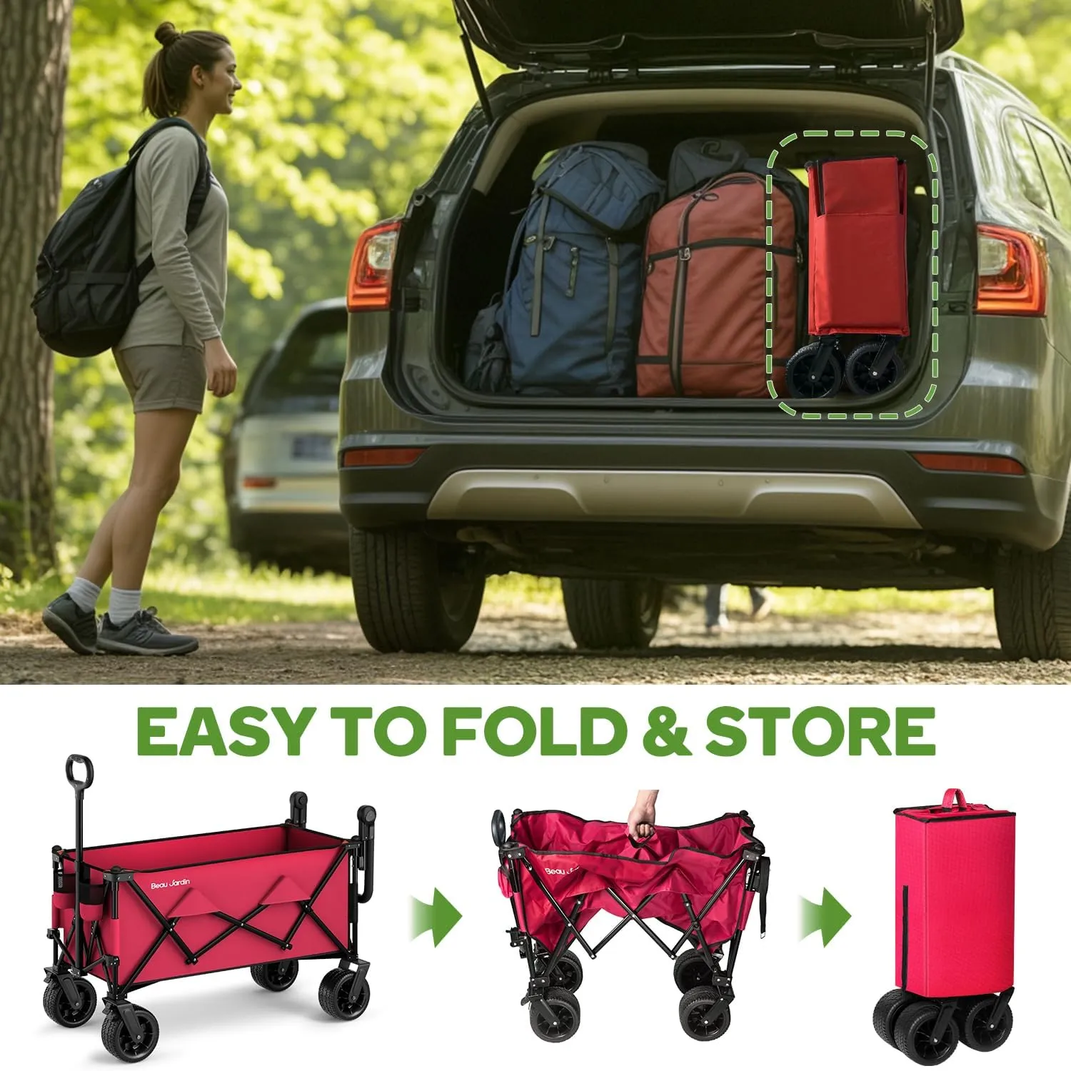 BEAU JARDIN Folding Push & Pull Beach Wagon 500 lbs Collapsible Foldable Wagons with Push Handle All Terrain Wheels Grocery Utility Camping Sports Garden Wagon Cart Red