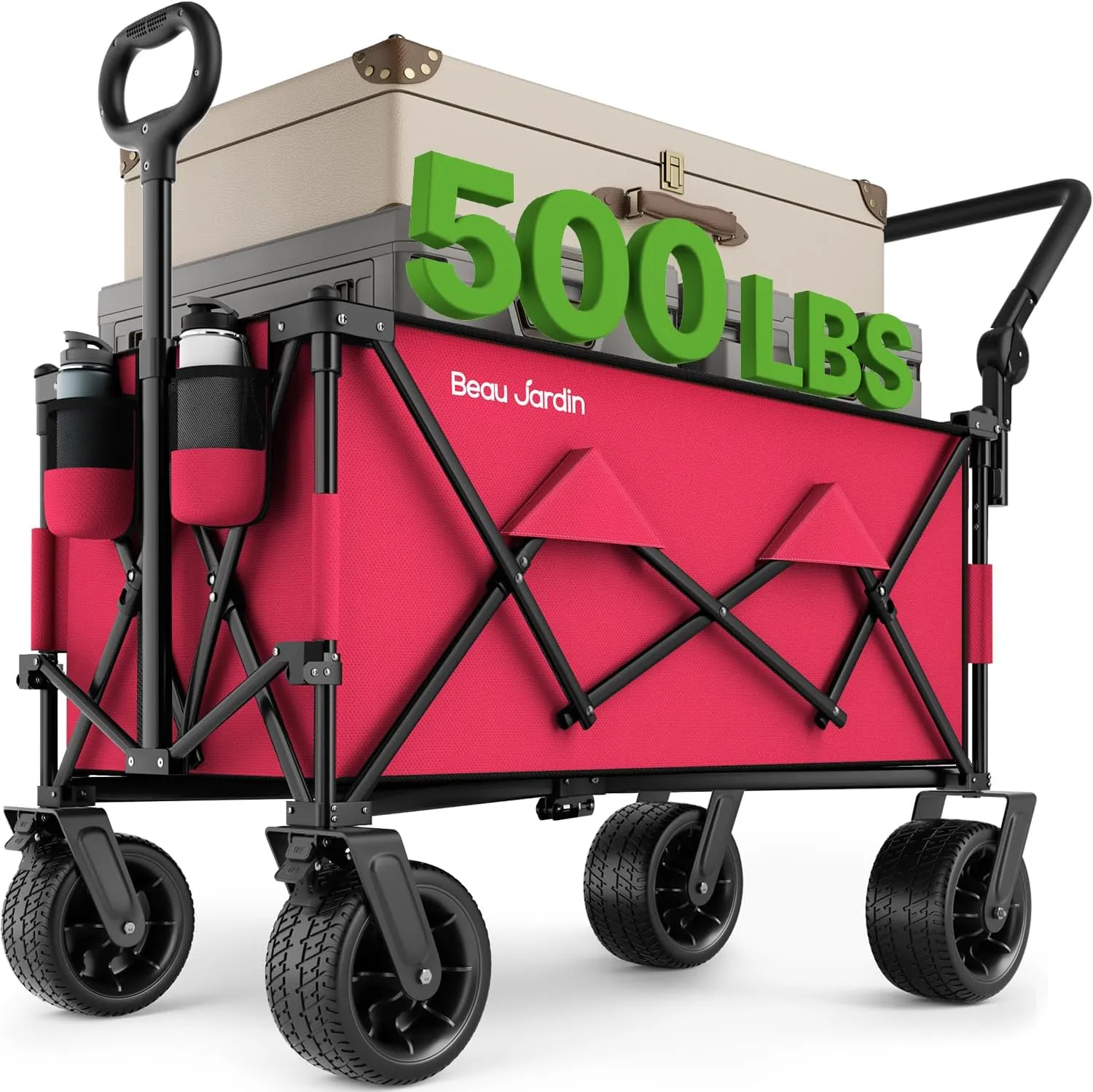 BEAU JARDIN Folding Push & Pull Beach Wagon 500 lbs Collapsible Foldable Wagons with Push Handle All Terrain Wheels Grocery Utility Camping Sports Garden Wagon Cart Red