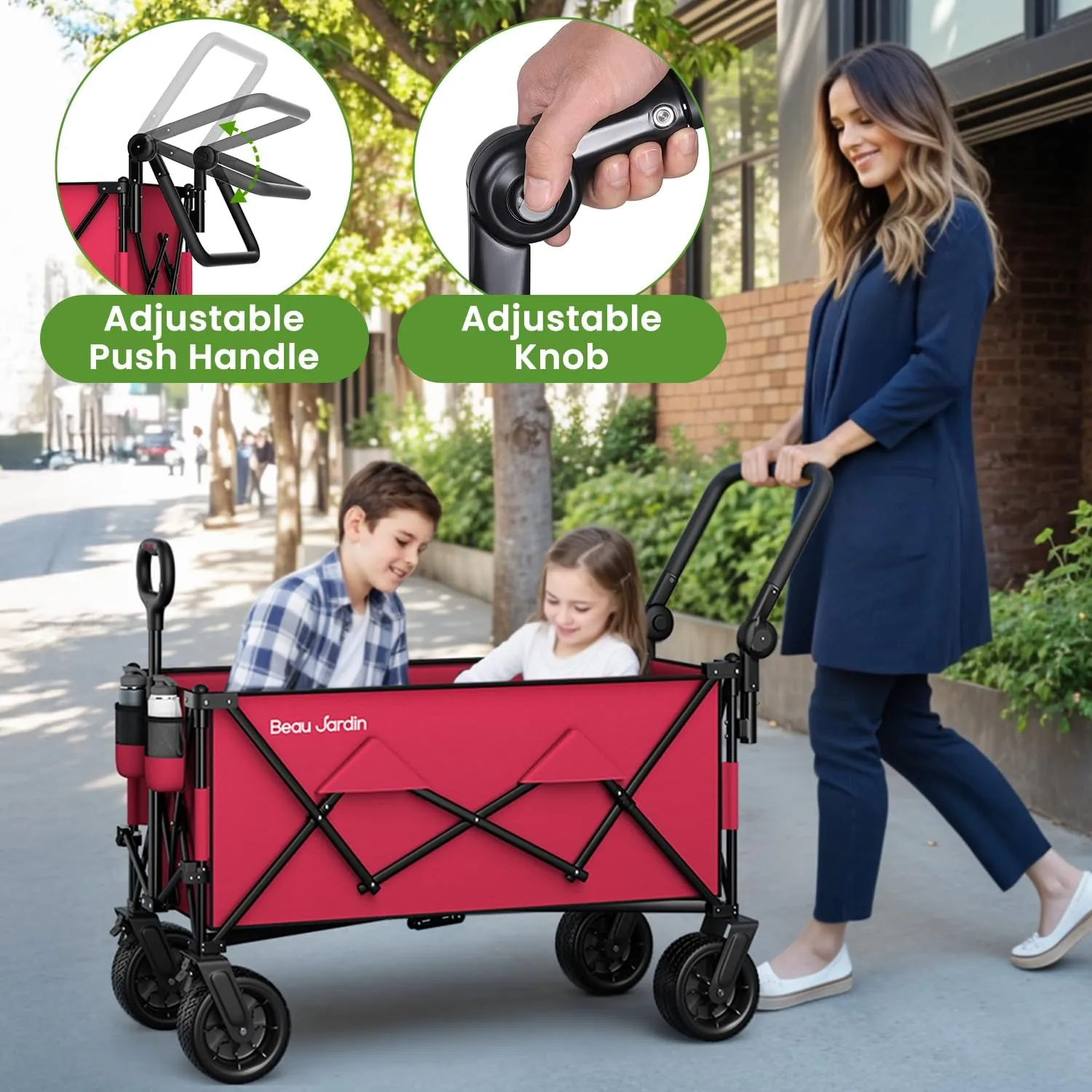 BEAU JARDIN Folding Push & Pull Beach Wagon 500 lbs Collapsible Foldable Wagons with Push Handle All Terrain Wheels Grocery Utility Camping Sports Garden Wagon Cart Red