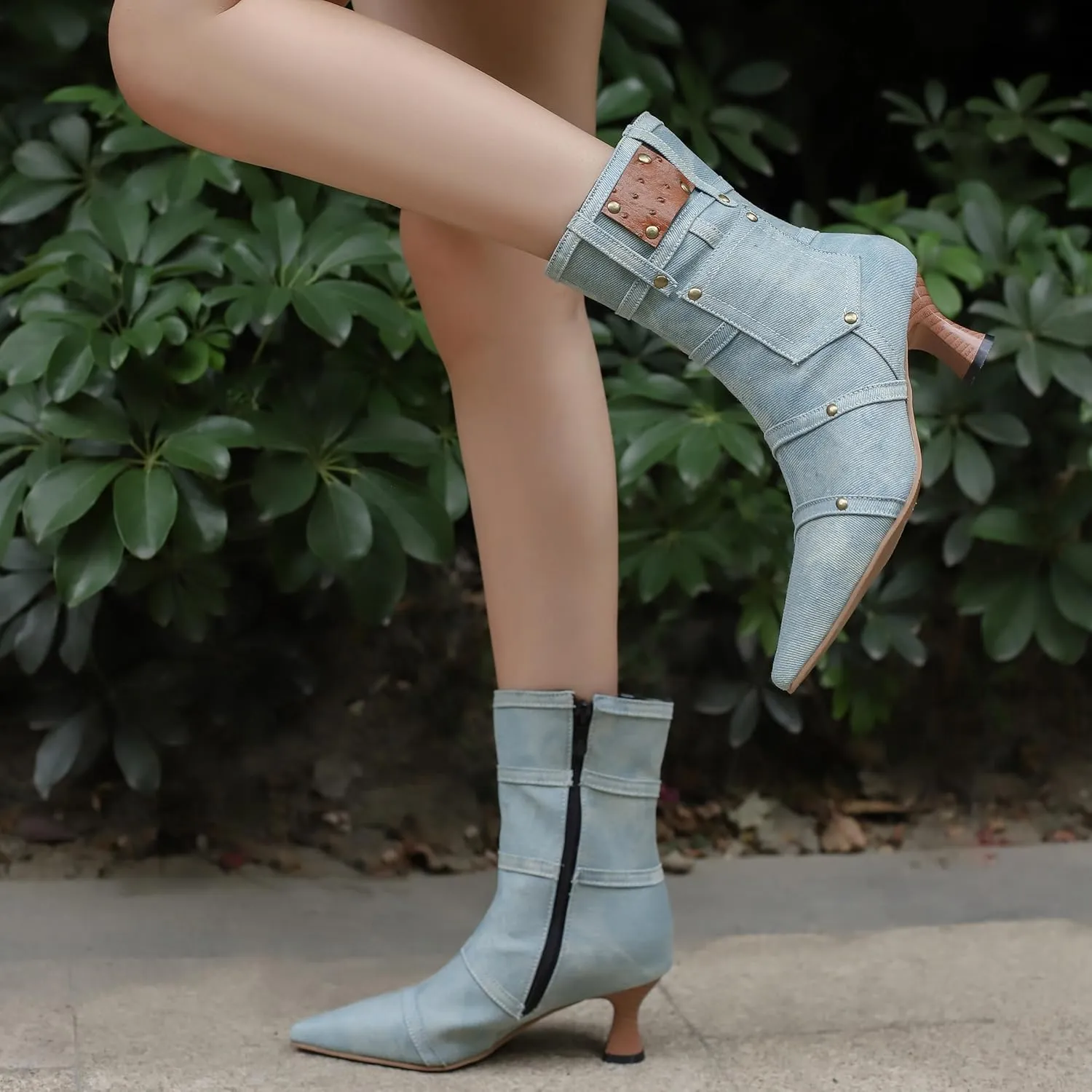 BEAUPAS Women's Denim Kitten Heel Boots Pointed Toe Low Heel Ankle Boots Chunky Vintage Zip Shoes