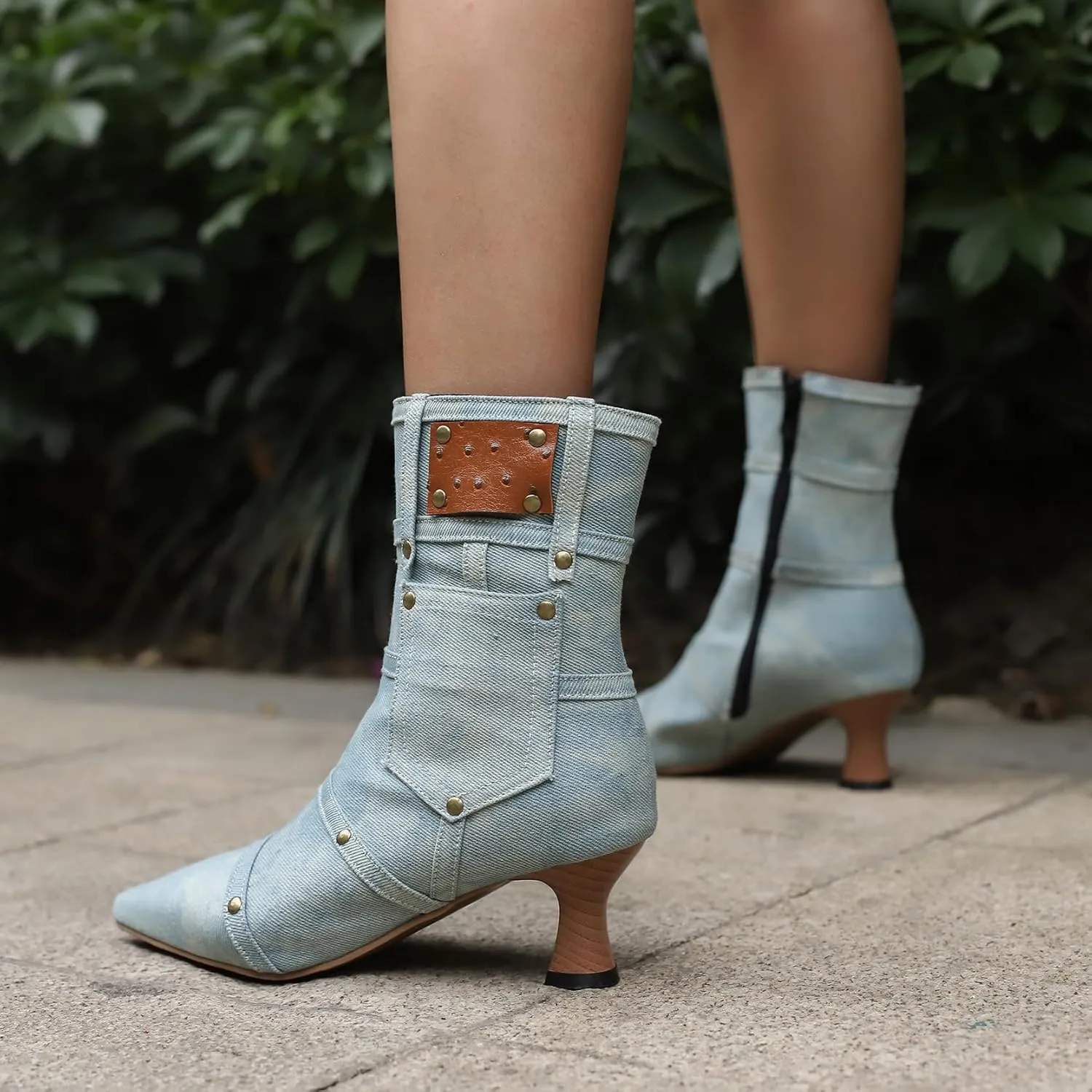 BEAUPAS Women's Denim Kitten Heel Boots Pointed Toe Low Heel Ankle Boots Chunky Vintage Zip Shoes