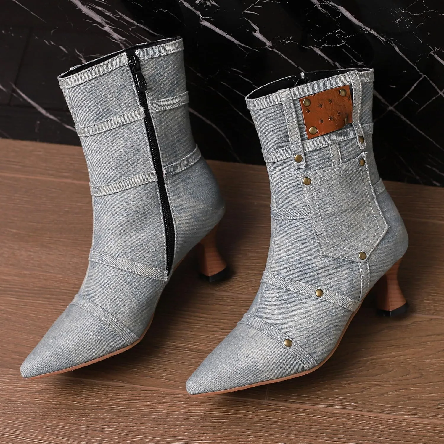 BEAUPAS Women's Denim Kitten Heel Boots Pointed Toe Low Heel Ankle Boots Chunky Vintage Zip Shoes
