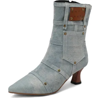 BEAUPAS Women's Denim Kitten Heel Boots Pointed Toe Low Heel Ankle Boots Chunky Vintage Zip Shoes