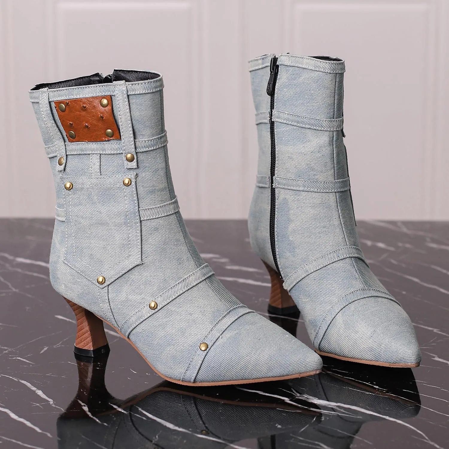 BEAUPAS Women's Denim Kitten Heel Boots Pointed Toe Low Heel Ankle Boots Chunky Vintage Zip Shoes
