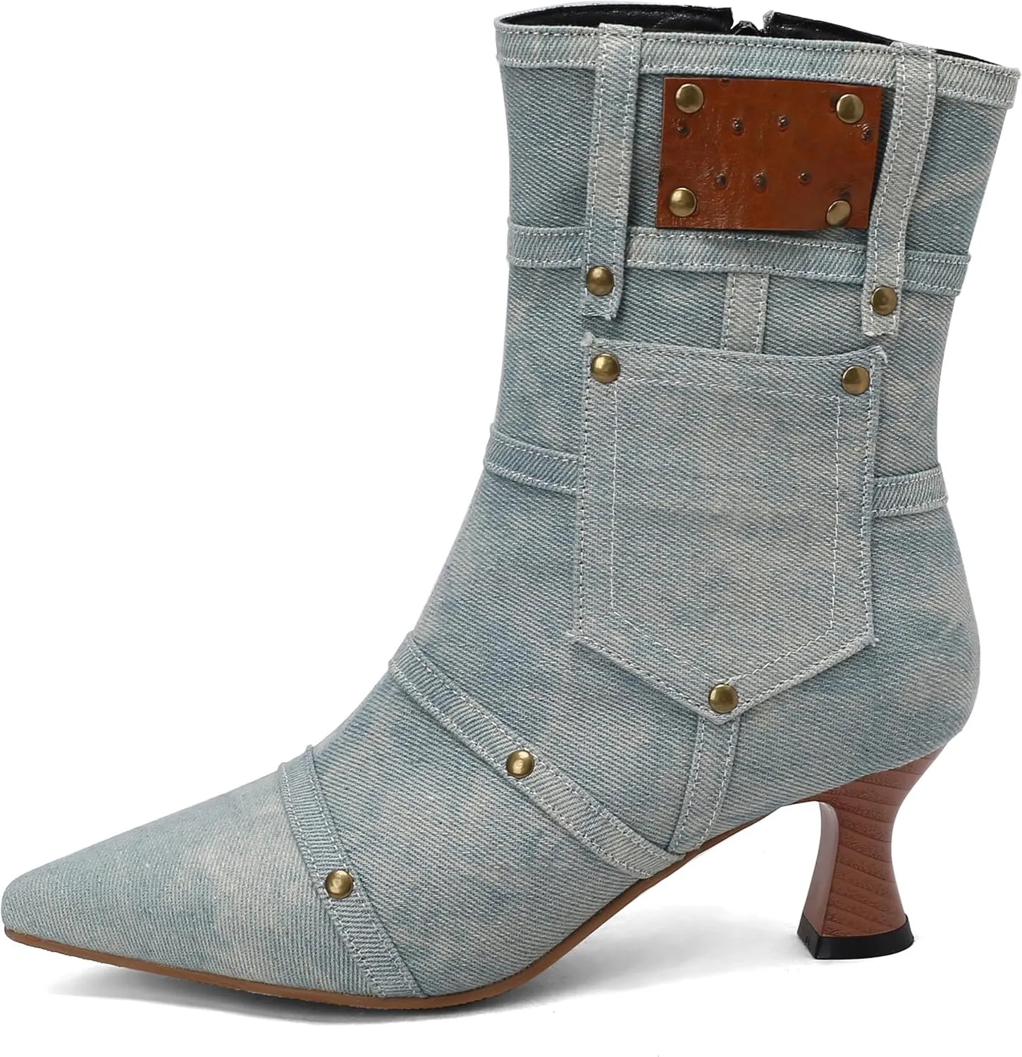 BEAUPAS Women's Denim Kitten Heel Boots Pointed Toe Low Heel Ankle Boots Chunky Vintage Zip Shoes