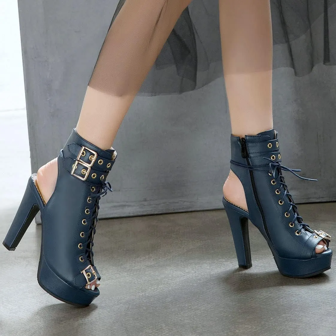 BEAUPAS Women's Lace Up High Heel Platform Ankle Boots Chunky Heel Peep Toe Booties Slingback Buckle Gladiator Sandals