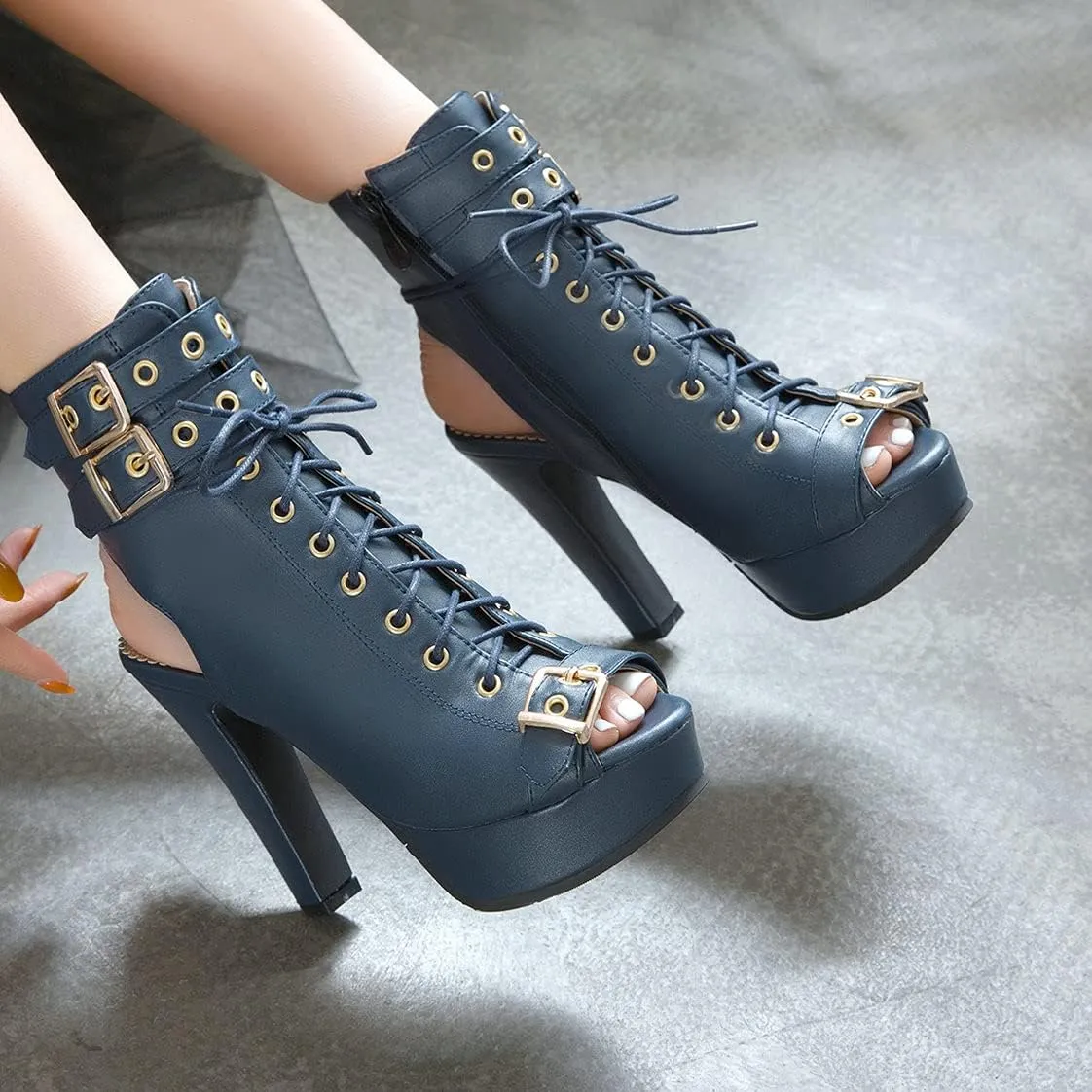 BEAUPAS Women's Lace Up High Heel Platform Ankle Boots Chunky Heel Peep Toe Booties Slingback Buckle Gladiator Sandals