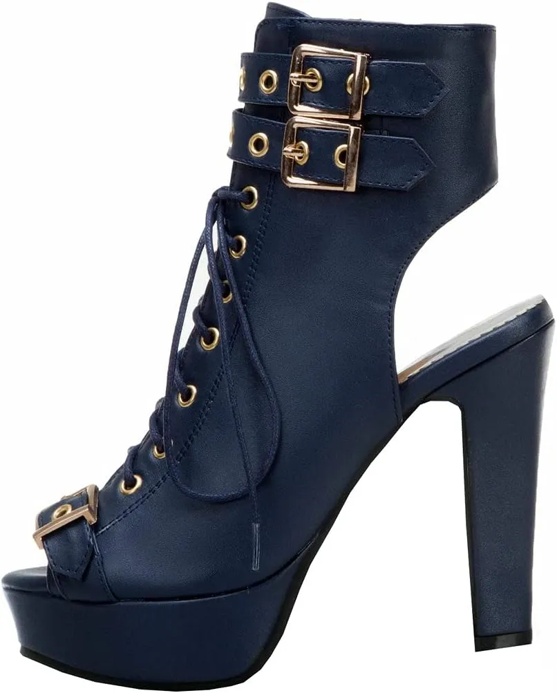 BEAUPAS Women's Lace Up High Heel Platform Ankle Boots Chunky Heel Peep Toe Booties Slingback Buckle Gladiator Sandals