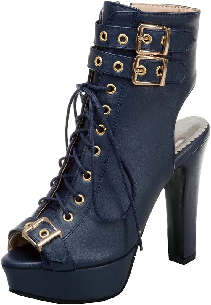 BEAUPAS Women's Lace Up High Heel Platform Ankle Boots Chunky Heel Peep Toe Booties Slingback Buckle Gladiator Sandals