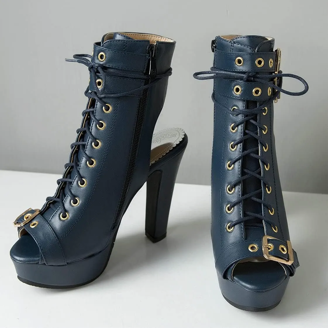 BEAUPAS Women's Lace Up High Heel Platform Ankle Boots Chunky Heel Peep Toe Booties Slingback Buckle Gladiator Sandals