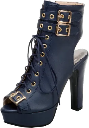 BEAUPAS Women's Lace Up High Heel Platform Ankle Boots Chunky Heel Peep Toe Booties Slingback Buckle Gladiator Sandals