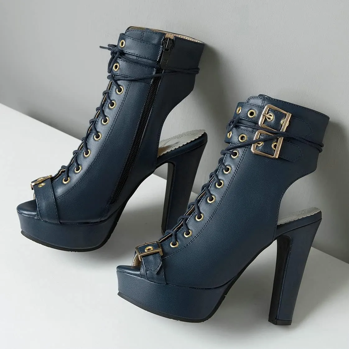 BEAUPAS Women's Lace Up High Heel Platform Ankle Boots Chunky Heel Peep Toe Booties Slingback Buckle Gladiator Sandals