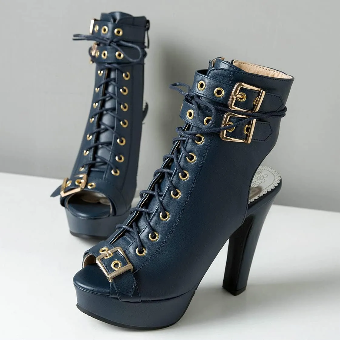 BEAUPAS Women's Lace Up High Heel Platform Ankle Boots Chunky Heel Peep Toe Booties Slingback Buckle Gladiator Sandals