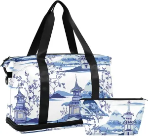 Beautiful vintage Blue Ink Chinese Pagodas, Mountains, Trees Gym Duffel Bag, Polyester Travel Weekender Luggage Handbag with Waterproof Pocket for Wet Items, Unisex Foldable Tote for Sports