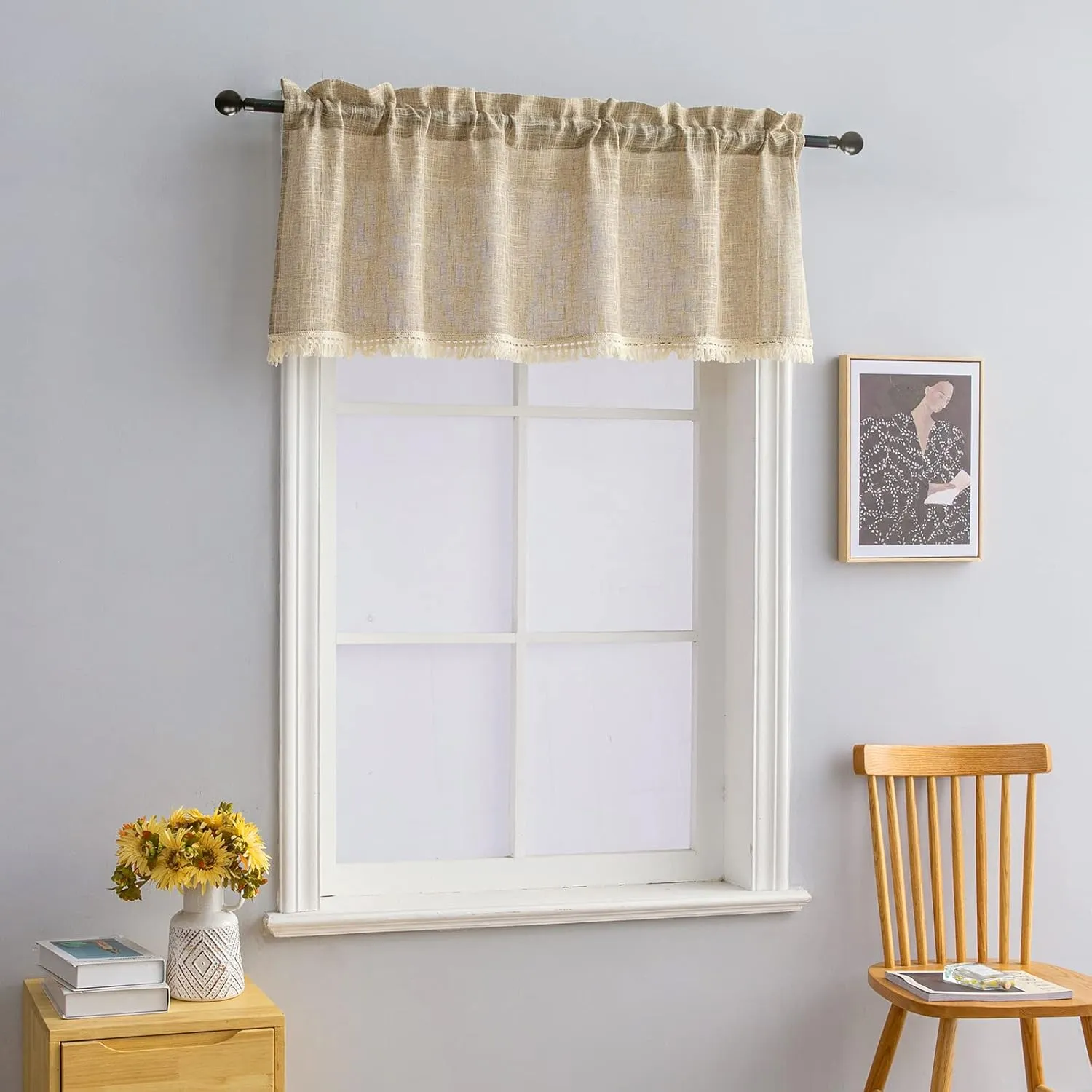 Beda Home Tassel Linen Textured Swag Curtain Valance for Farmhouses’ Kitchen; Rustic Short Swag Topper for Small Windows Bedroom Privacy Added Rod Pocket Design(Taupe, 52Wx18L - 1PC)
