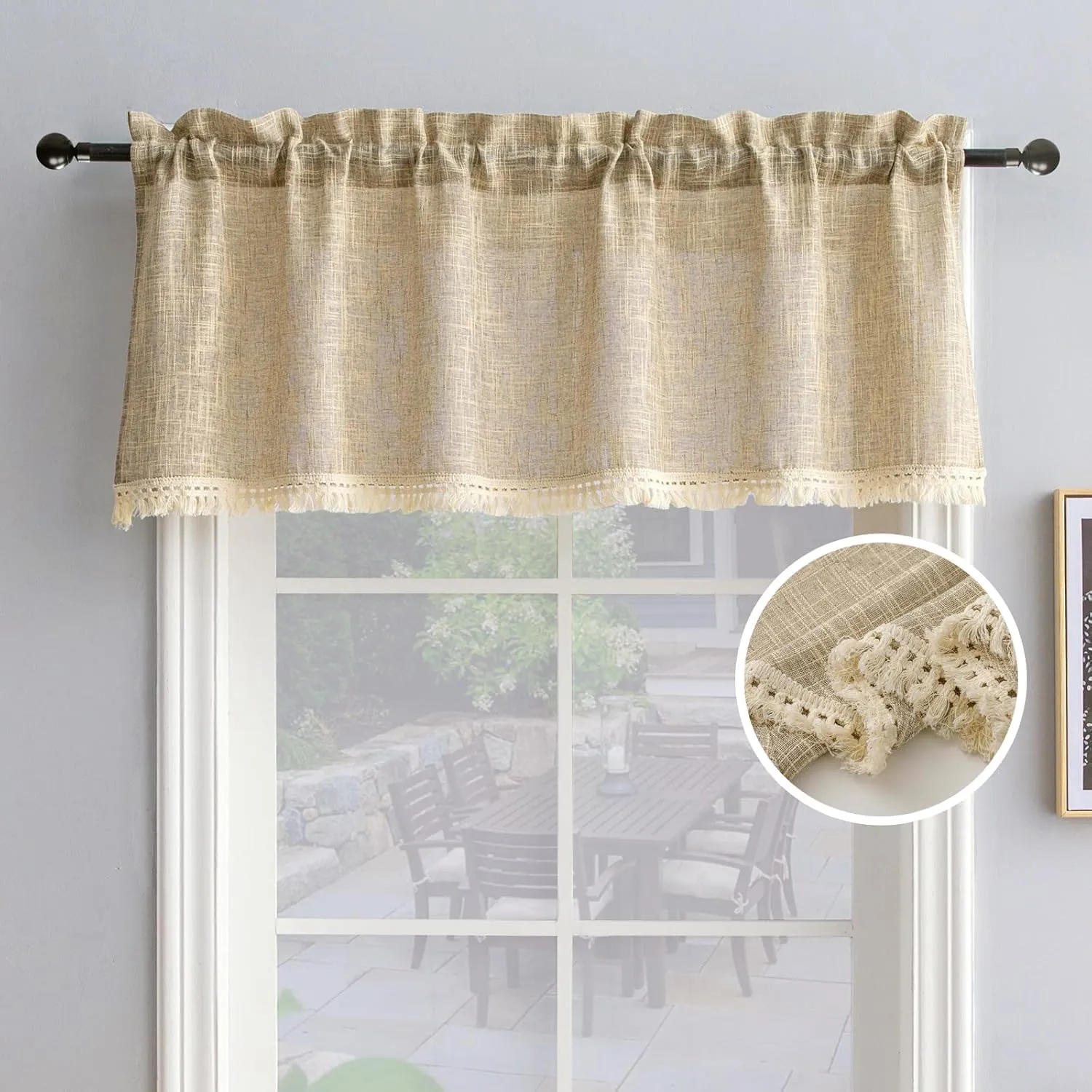 Beda Home Tassel Linen Textured Swag Curtain Valance for Farmhouses’ Kitchen; Rustic Short Swag Topper for Small Windows Bedroom Privacy Added Rod Pocket Design(Taupe, 52Wx18L - 1PC)