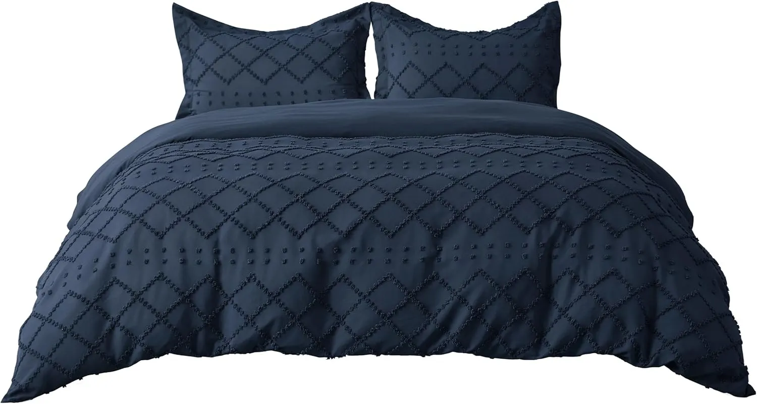 Bedsure Boho Duvet Cover King Size - Boho Bedding, Tufted King Duvet Cover for All Seasons, 3 Pieces Embroidery Shabby Chic Home Bedding,Comforter Not Included (Navy, 104" x 90")
