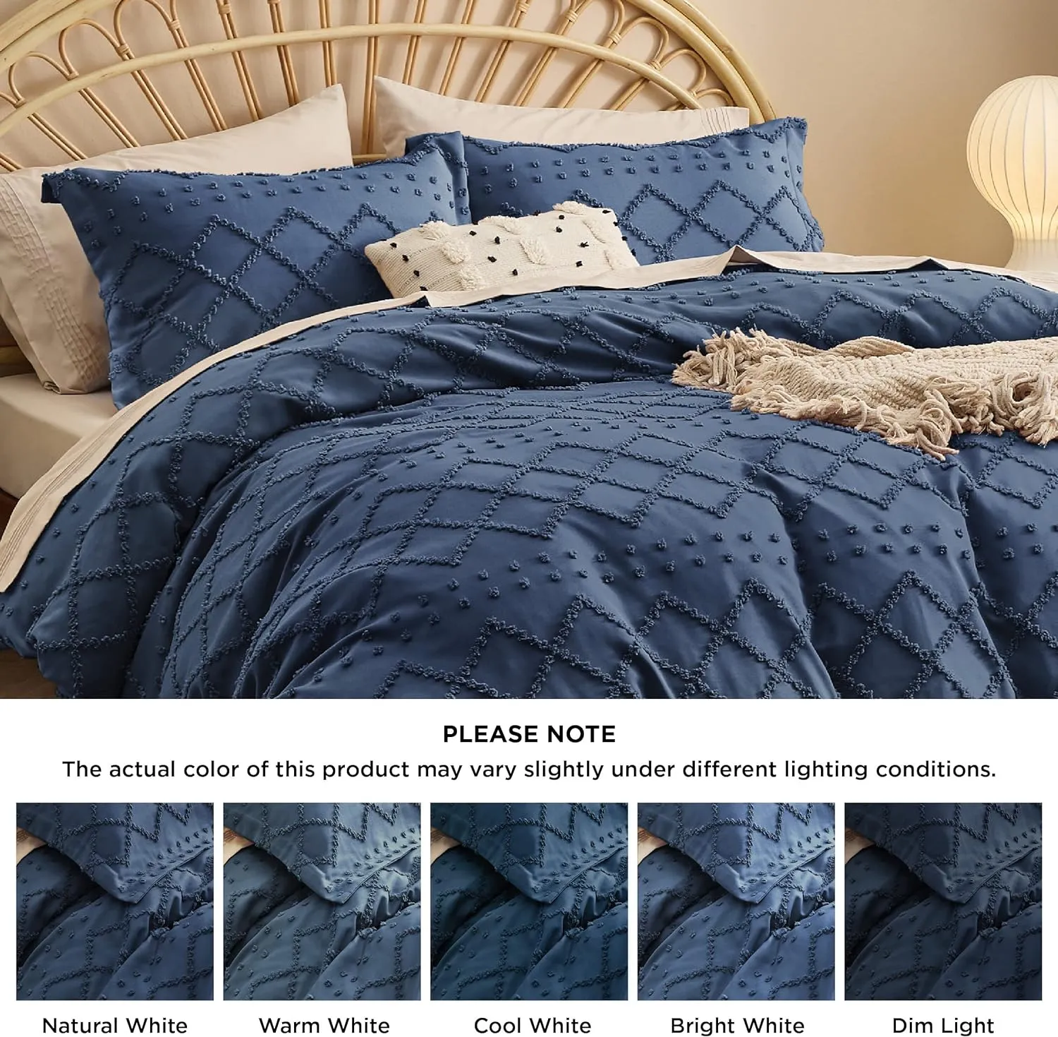 Bedsure Boho Duvet Cover King Size - Boho Bedding, Tufted King Duvet Cover for All Seasons, 3 Pieces Embroidery Shabby Chic Home Bedding,Comforter Not Included (Navy, 104" x 90")