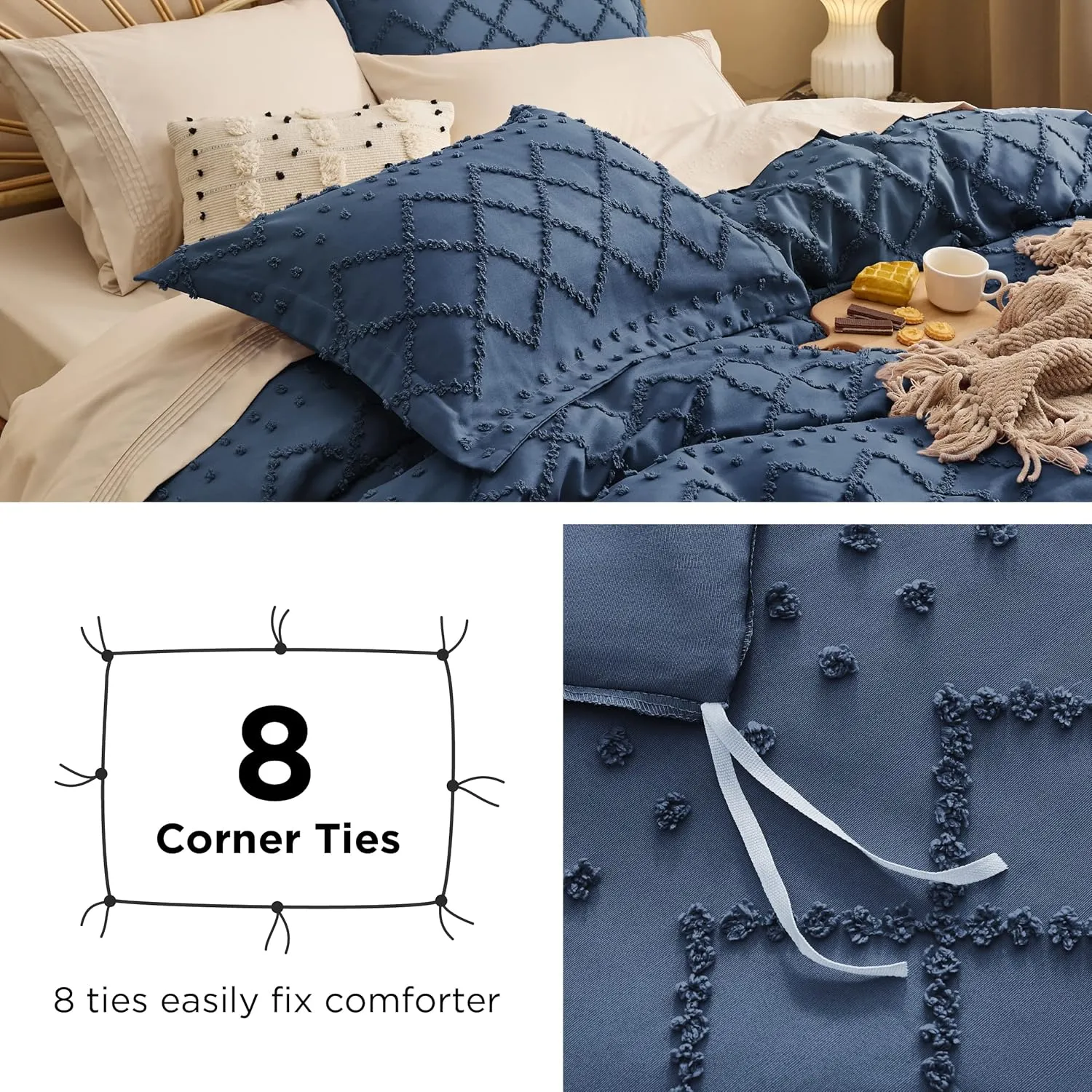 Bedsure Boho Twin Duvet Cover - Boho Bedding, Tufted Duvet Cover Twin for All Seasons, 2 Pieces Embroidery Shabby Chic Home Bedding,Comforter Not Included (Navy, 68" x 90")