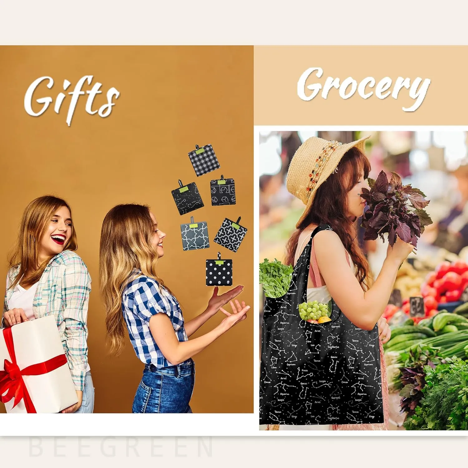 BeeGreen Gifts Bags Reusable Grocery Bags Foldable Shopping Bags For Groceries 6 Pack Cute Holiday Bags Cloth Bags With Handles Large Tote bag Bulk Polyester Bags Heavy Duty