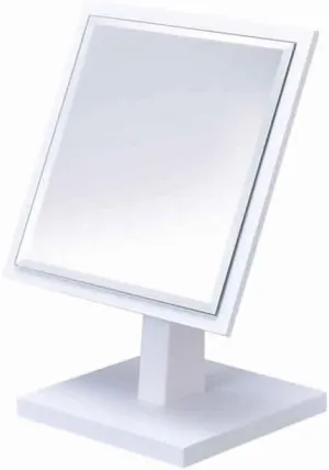 Benjara Square Makeup Mirror with Wooden Pedestal Base, White and Silver
