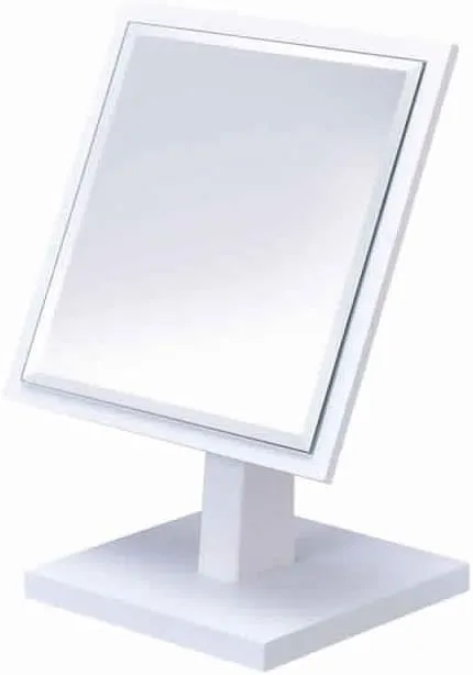 Benjara Square Makeup Mirror with Wooden Pedestal Base, White and Silver