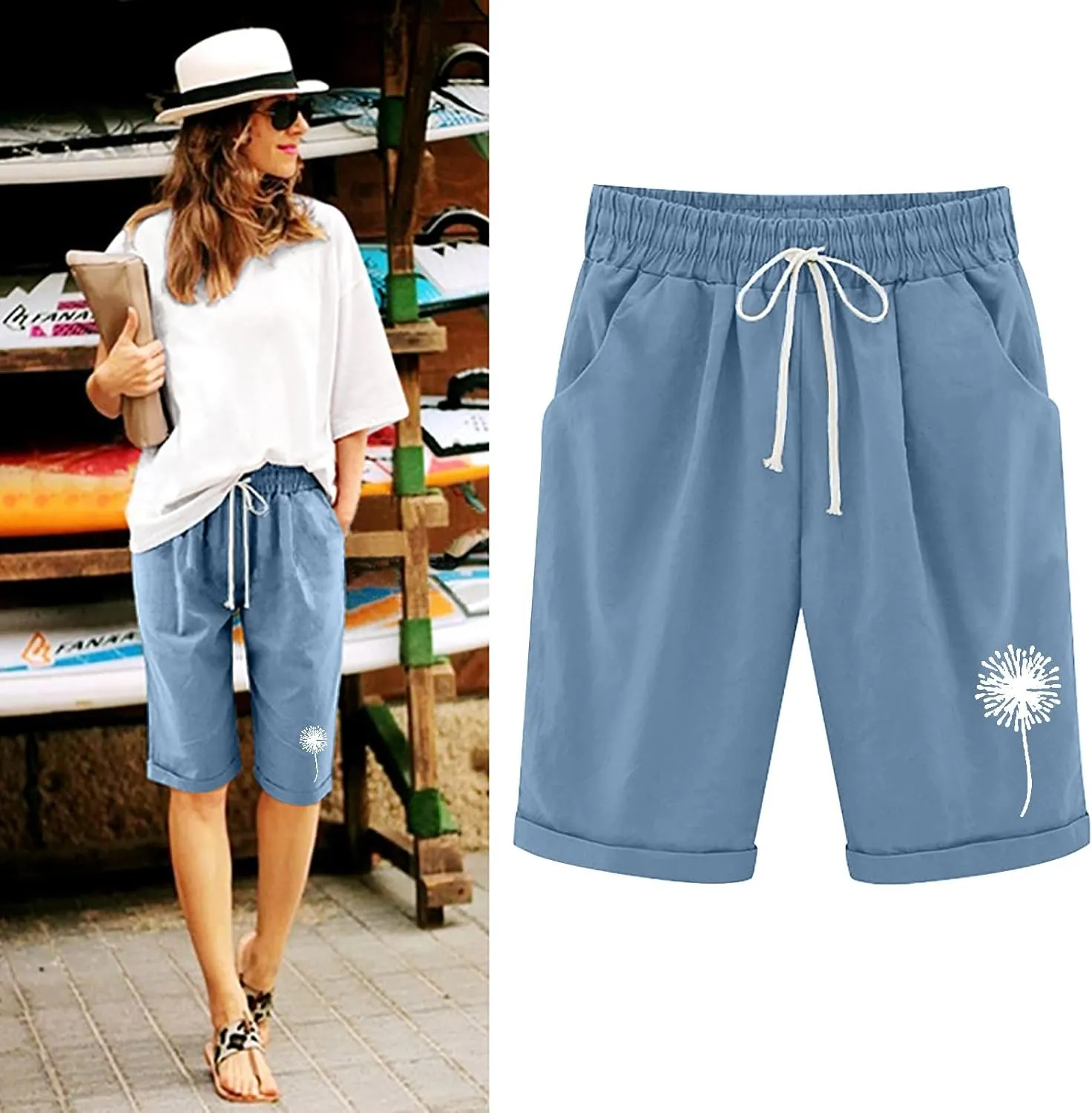 Bermuda Shorts for Women 2025 Casual Summer Beach Drawstring Shorts with Pocket Knee Length Loose Cute Vacation Short