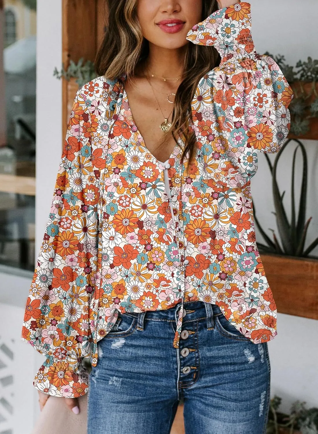 Biucly Women's Casual Boho Floral Print V Neck Long Sleeve Drawstring Tops Loose Blouses Button Down Shirts