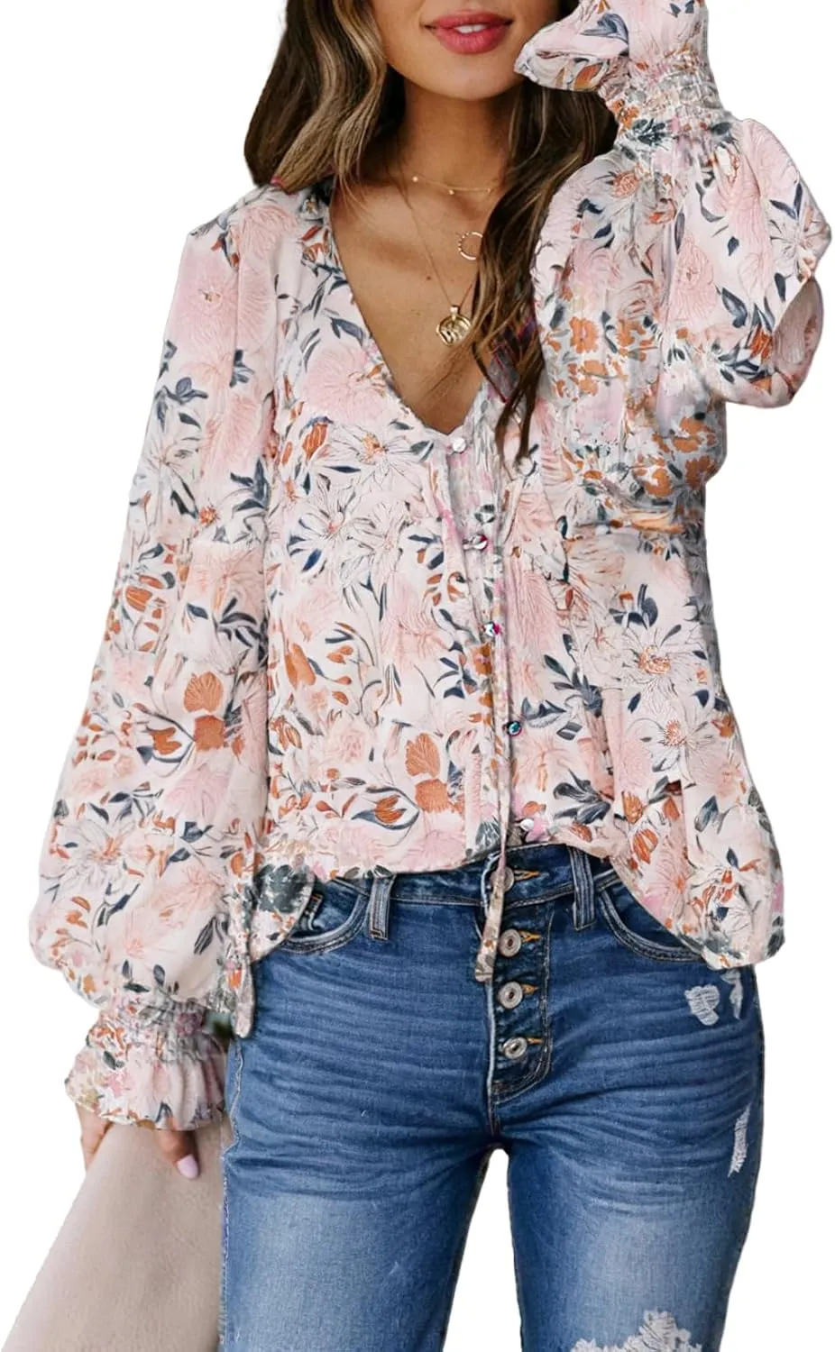 Biucly Women's Casual Boho Floral Print V Neck Long Sleeve Drawstring Tops Loose Blouses Button Down Shirts