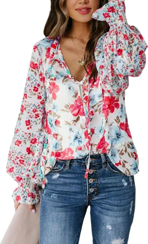 Biucly Women's Casual Boho Floral Print V Neck Long Sleeve Drawstring Tops Loose Blouses Button Down Shirts