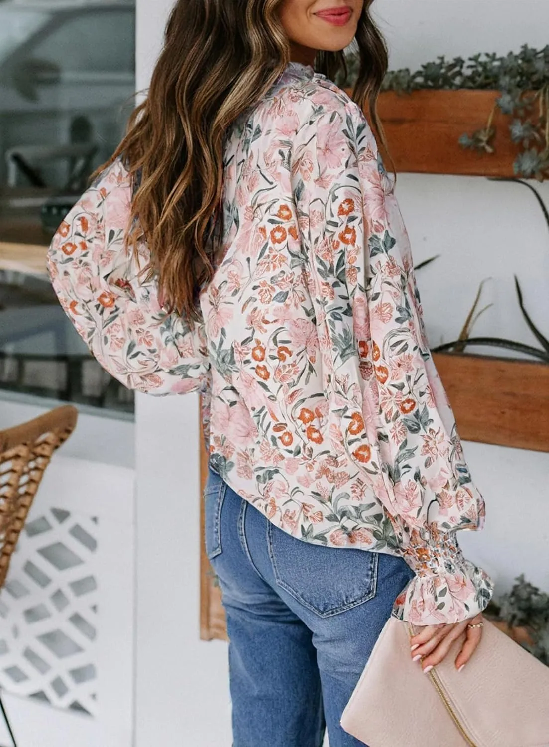 Biucly Women's Casual Boho Floral Print V Neck Long Sleeve Drawstring Tops Loose Blouses Button Down Shirts