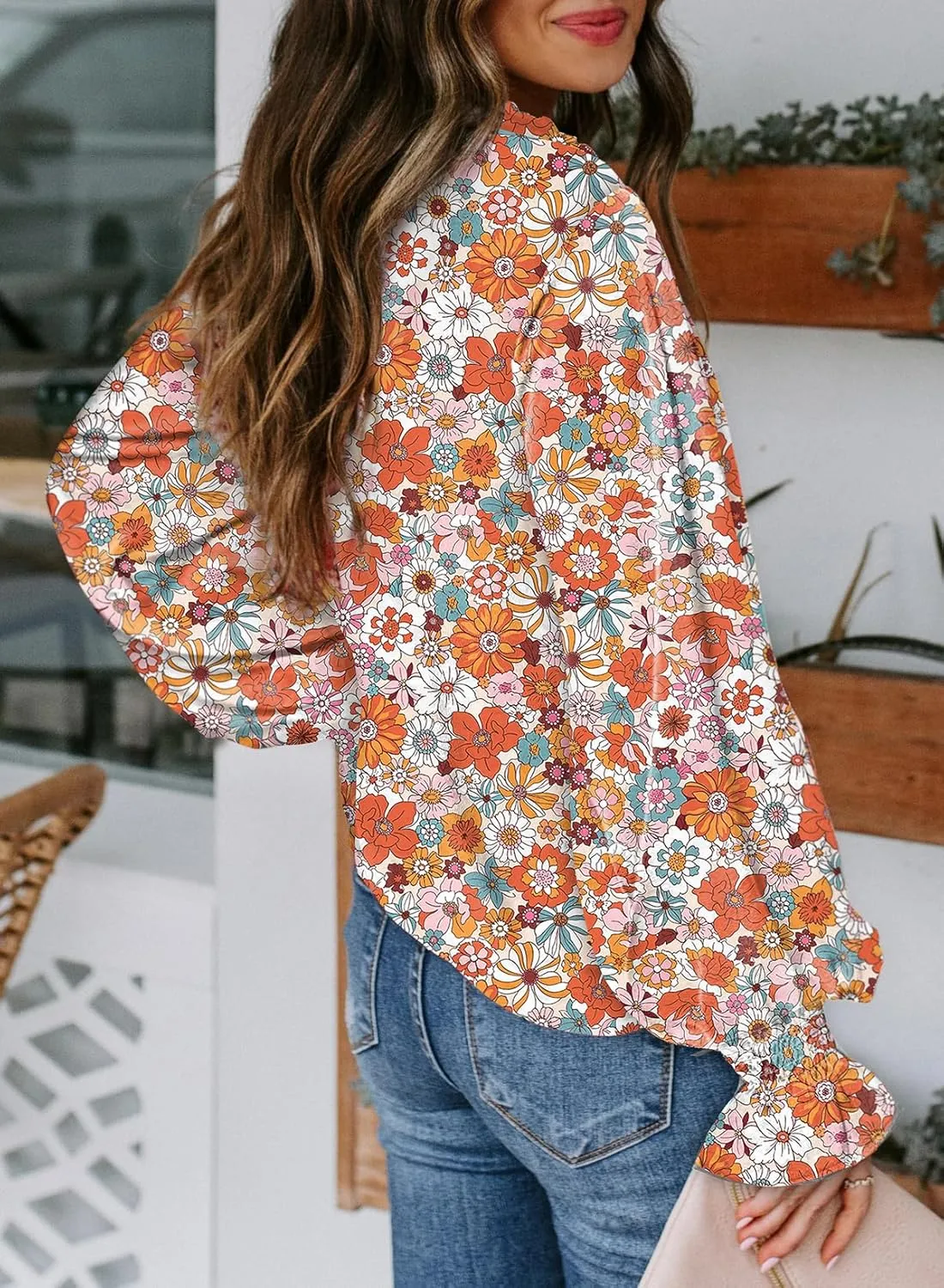 Biucly Women's Casual Boho Floral Print V Neck Long Sleeve Drawstring Tops Loose Blouses Button Down Shirts