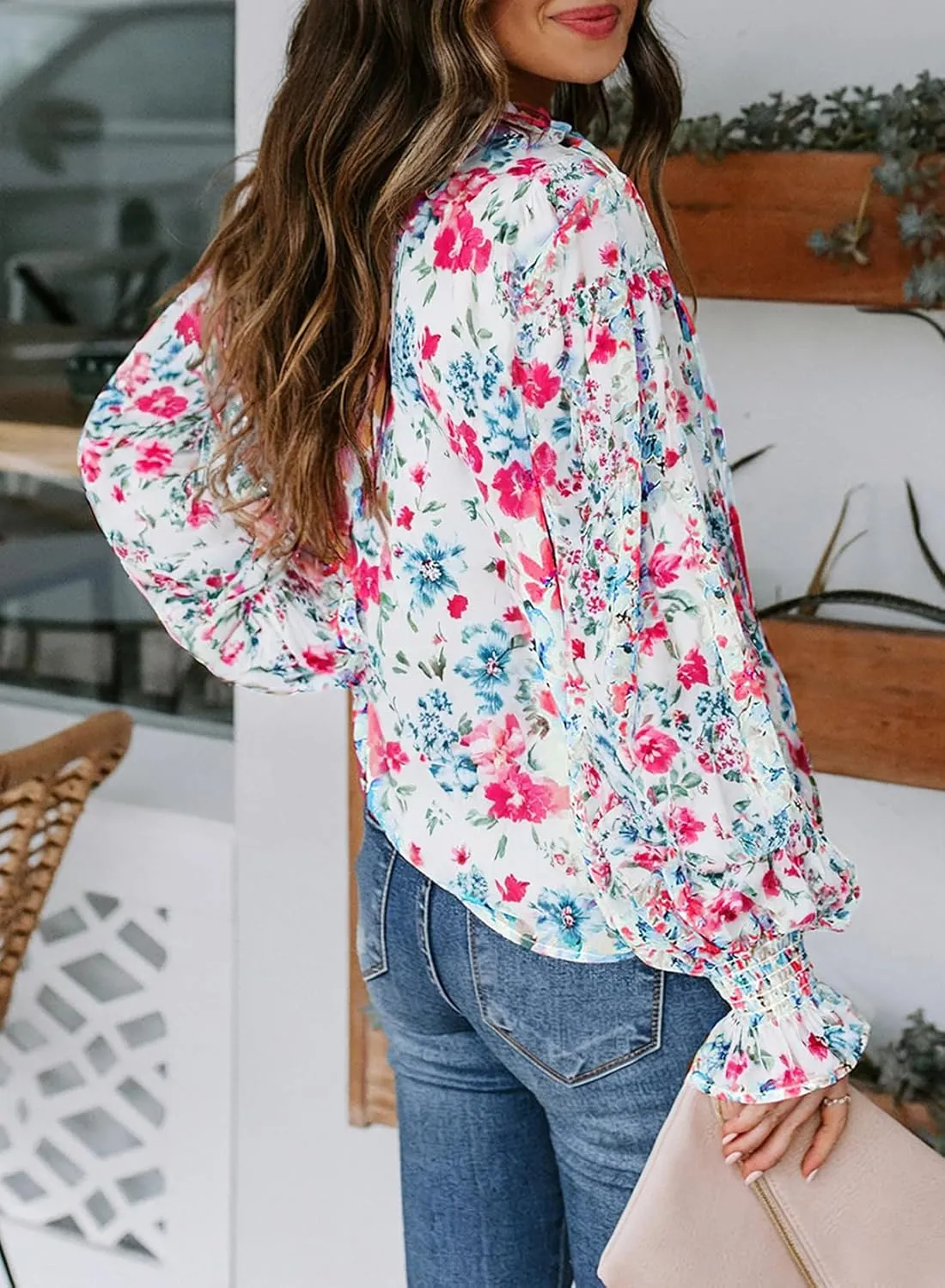 Biucly Women's Casual Boho Floral Print V Neck Long Sleeve Drawstring Tops Loose Blouses Button Down Shirts