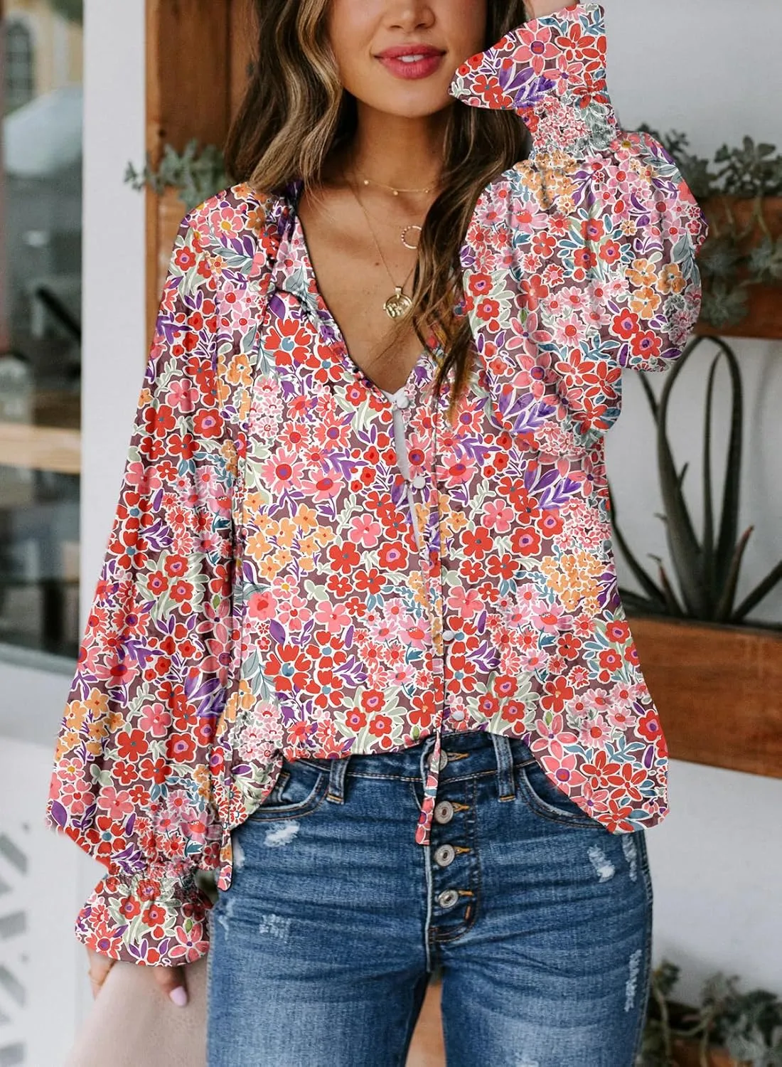 Biucly Women's Casual Boho Floral Print V Neck Long Sleeve Drawstring Tops Loose Blouses Button Down Shirts