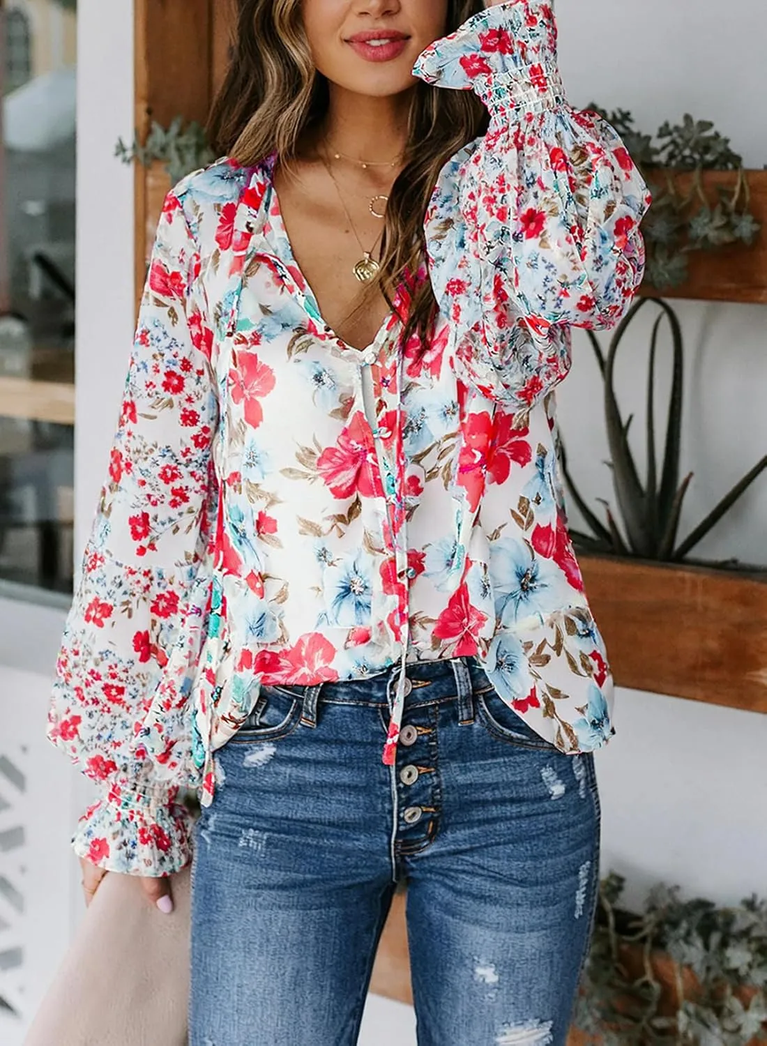Biucly Women's Casual Boho Floral Print V Neck Long Sleeve Drawstring Tops Loose Blouses Button Down Shirts