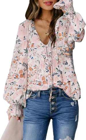 Biucly Women's Casual Boho Floral Print V Neck Long Sleeve Drawstring Tops Loose Blouses Button Down Shirts