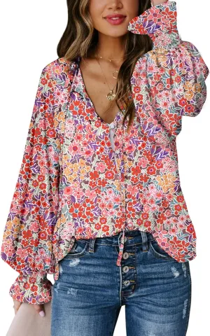 Biucly Women's Casual Boho Floral Print V Neck Long Sleeve Drawstring Tops Loose Blouses Button Down Shirts