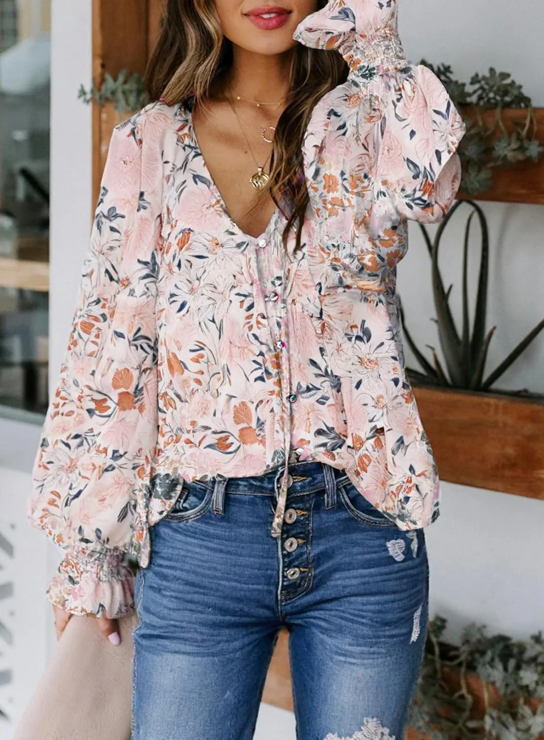 Biucly Women's Casual Boho Floral Print V Neck Long Sleeve Drawstring Tops Loose Blouses Button Down Shirts